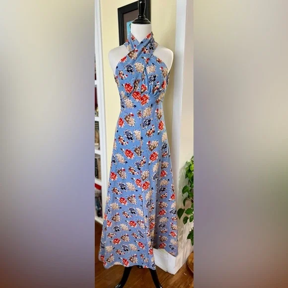 Vintage Dress Maxi 70s Twisted Halter Neck Floral Print Boho Hostess SZ: S - Picture 2 of 5